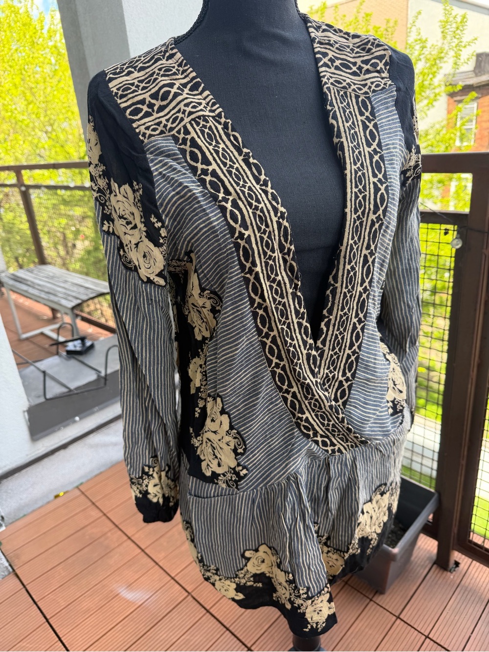 Free People Black and Cream Boho V-Neck Tunic